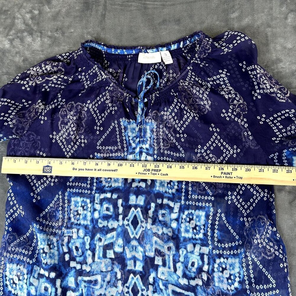 Chicos SZ 3 XL Blouse Top Shirt Popover Blue Sheer Artsy Printed Boho Whimsigoth - Picture 5 of 8